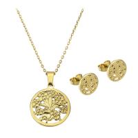 Fashion Stainless Steel Jewelry Sets, Stud Earring & necklace, Flat Round, gold color plated, with flower pattern & for woman & hollow Approx 17.5 Inch 