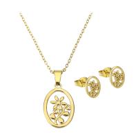 Fashion Stainless Steel Jewelry Sets, Stud Earring & necklace, Ellipse, gold color plated, with flower pattern & for woman & hollow Approx 17.5 Inch 