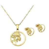 Fashion Stainless Steel Jewelry Sets, Stud Earring & necklace, Flat Round, gold color plated, for woman & hollow Approx 17.5 Inch 