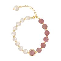 bracelet en laiton de perle d'eau douce cultivée, avec Strawberry Quartz & laiton, avec 2inch chaînes de rallonge, styles différents pour le choix & pour femme Environ 6.7 pouce, Vendu par PC