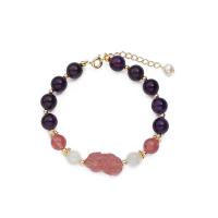 Edelstein Armbänder, Strawberry Quartz, mit Mondstein & Zink-Legierung Perle & Amethyst, goldfarben plattiert, Micro pave Zirkonia & für Frau, zwei verschiedenfarbige, Länge:ca. 5.51 ZollInch, verkauft von PC