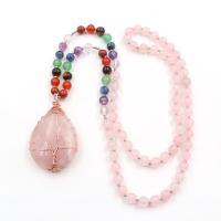 Rose Quartz Sweater Necklace, with Natural Stone & Iron, Teardrop, rose gold color plated, for woman, mixed colors Approx 27.56 Inch 