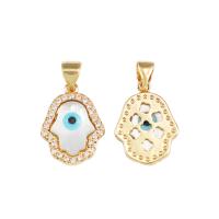 Rhinestone Brass Pendants, with White Shell, Hamsa, gold color plated & enamel & with rhinestone 