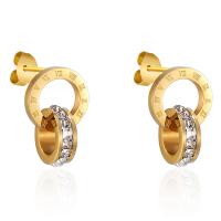 Boucles d'oreilles en acier titane, beignet, Placage, avec chiffre romain & pour femme & avec strass & creux, plus de couleurs à choisir, 14mm, Vendu par paire