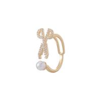 Brass Cuff Finger Ring, with Plastic Pearl, Adjustable & micro pave cubic zirconia & for woman, golden, 17mm 