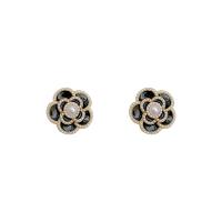 Boucle d'oreille en alliage de zinc en plastique perle, avec Plastique ABS perle, fleur, fade et jamais plaqué de haute qualité, bijoux de mode & pavé de micro zircon & pour femme & émail, noire Vendu par paire