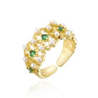 Brass Cuff Finger Ring, with Plastic Pearl, gold color plated, Adjustable & micro pave cubic zirconia & for woman, 18mm 