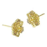 Brass Earring Stud Component, gold color plated, micro pave cubic zirconia 