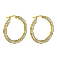 Boucle d'oreille en acier inoxydable Hoop, Placage de couleur d'or, pour femme & avec strass, 32*36mm, Vendu par paire