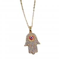 Zirkonia Mikro pflastern Messinghalsketten, Messing, mit Verlängerungskettchen von 1.96inch, Hamsa, goldfarben plattiert, Micro pave Zirkonia & für Frau, Länge:ca. 15.7 ZollInch, verkauft von PC