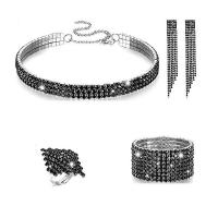 Brass Jewelry Set, finger ring & bracelet & earring & necklace, with 4inch extender chain, platinum plated, 4 pieces & for woman & with rhinestone, 12mm, US Ring  Approx 10.6 Inch 