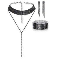 Messing Schmuck Set, Armband & Ohrring & Halskette, mit Verlängerungskettchen von 6inch, plattiert, drei Stücke & für Frau & mit Strass, schwarz, 98mm, 50mm, Länge:ca. 8.6 ZollInch, verkauft von setzen