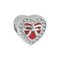 Titanium Steel European Large Hole Beads, Heart, Vacuum Ion Plating, faceted & with rhinestone 10-15mm 