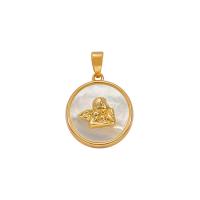 Brass Jewelry Pendants, with Shell, Round, gold color plated, DIY, golden, 15mm 