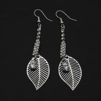 Iron Drop Earring, Leaf, for woman & with rhinestone, silver color, 74mm 