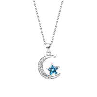 Sterling Silver Jewelry Necklace, 925 Sterling Silver, Moon and Star, oval chain & for woman & with rhinestone cm 