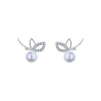 Brass Stud Earring, with Shell Pearl & Cubic Zirconia, Butterfly, platinum color plated, for woman, white, 6mm 