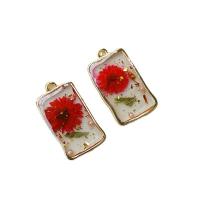 Zinc Alloy Jewelry Pendants, with Dried Flower & Gold Foil & Plastic Pearl, Rectangle, gold color plated, Unisex & epoxy gel, red 