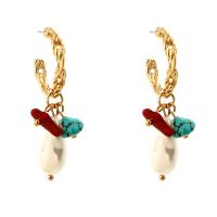 Turquoise Zinc Alloy Earring, with turquoise & Plastic Pearl, KC gold color plated, fashion jewelry & for woman 