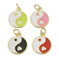 Enamel Brass Pendants, Flat Round, gold color plated, ying yang Approx 3mm 