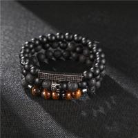 Gemstone Bracelets, Lava, with Abrazine Stone & Tiger Eye & Zinc Alloy, Round, gun black plated, Unisex & with rhinestone, black Approx 7.68 Inch, Approx 