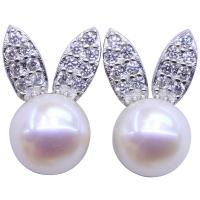 Sterling Silver Natural Pearl Stud Earring, 925 Sterling Silver, with Freshwater Pearl, plated, for woman & with rhinestone, silver color 