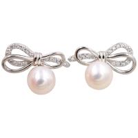 Sterling Silver Natural Pearl Stud Earring, 925 Sterling Silver, with Freshwater Pearl, plated, for woman & with rhinestone, silver color 