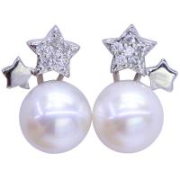 Sterling Silver Natural Pearl Stud Earring, 925 Sterling Silver, with Freshwater Pearl, plated, for woman & with rhinestone, silver color 