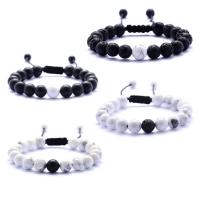 Gemstone Bracelets, Black Agate, with Howlite & Lava, Round, Unisex Approx 7 Inch 