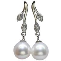 Pendiente de gota de perlas de plata esterlina, Perlas cultivadas de agua dulce, con Plata de ley 925, Esférico, para mujer & con diamantes de imitación, Blanco, 5x19mm, Vendido por Par