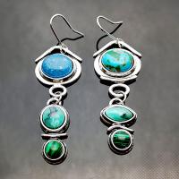 Pendiente de gota de piedras preciosas, aleación de zinc, con Malachita & Turquesa sintético, chapado en color de plata antigua, Vintage & para mujer, verde, 19x62mm, Vendido por Par