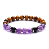 Gemstone Bracelets, Tiger Eye, with Black Agate & Amethyst, Round, fashion jewelry & Unisex, 8mm Approx 7.3 Inch 