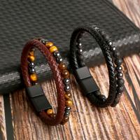 Microfiber PU Bracelet, with Natural Stone & Hematite, zinc alloy magnetic clasp, for man cm 