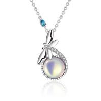 Zircon cubique Micro Pave collier en argent sterling, Argent sterling 925, avec Moonstone, libellule, Placage de couleur platine, pavé de micro zircon & pour femme Environ 15.74 pouce, Vendu par PC