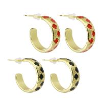 Brass Stud Earring, gold color plated, with flower pattern & for woman & enamel 