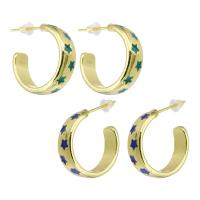 Brass Stud Earring, gold color plated, with star pattern & for woman & enamel 