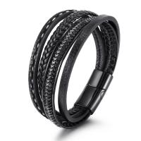 cuir PU bracelet, avec alliage de zinc, Rond, pistolet noir plaqué, pour homme, noire .26 pouce, Vendu par PC