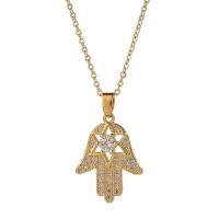 Zirkonia Mikro pflastern Messinghalsketten, Messing, mit Verlängerungskettchen von 1.96inch, Hamsa, vergoldet, Oval-Kette & Micro pave Zirkonia & für Frau, 17x27mm, Länge:ca. 15.7 ZollInch, verkauft von PC