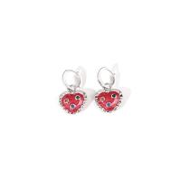 Huggie Hoop Drop Earring, Brass, Heart, platinum color plated, micro pave cubic zirconia & for woman, rose pink 