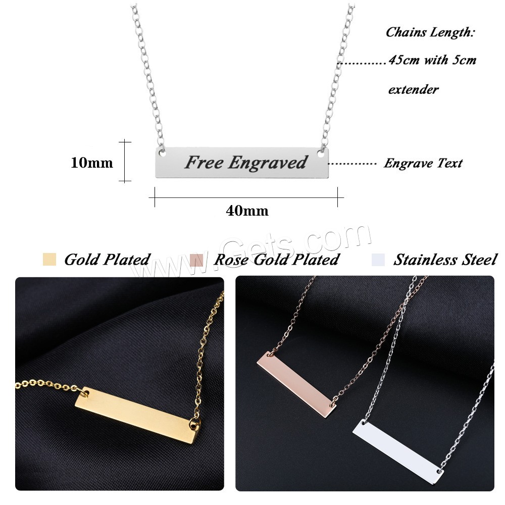 Stainless Steel Jewelry Necklace, 304 Stainless Steel, with 1.97inch extender chain, Vacuum Ion Plating, Each custom text must be less than 10 letters & fashion jewelry & Unisex, more colors for choice, 40x10mm, Length:Approx 17.72 Inch, Sold By PC