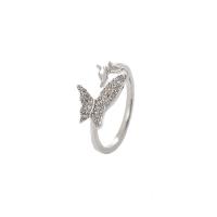 Brass Cuff Finger Ring, Butterfly, Adjustable & micro pave cubic zirconia & for woman, silver color, 17mm 