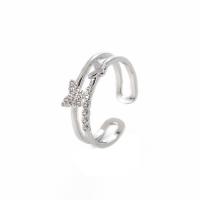 Brass Cuff Finger Ring, Butterfly, Adjustable & micro pave cubic zirconia & for woman, silver color, 17mm 