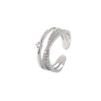 Brass Cuff Finger Ring, Adjustable & micro pave cubic zirconia & for woman, silver color, 17mm 