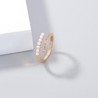 Brass Cuff Finger Ring, with Plastic Pearl, Adjustable & micro pave cubic zirconia & for woman, golden, 17mm 