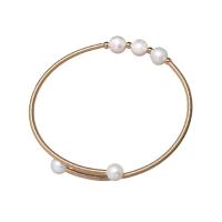 Cultured Freshwater Pearl Brass Bracelet, with Freshwater Pearl, Round, gold color plated, for woman 6-7mm .09 Inch 