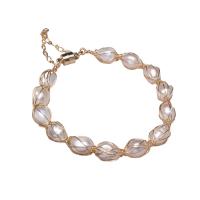 bracelet en laiton de perle d'eau douce cultivée, avec perle d'eau douce cultivée, riz, Placage de couleur d'or, pour femme, blanc, 8-9mm .09 pouce, Vendu par PC