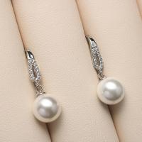 South Sea Shell Drop Earrings, Brass, with Shell Pearl, Round, silver color plated, micro pave cubic zirconia 10mm 