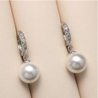 South Sea Shell Drop Earrings, Brass, with Shell Pearl, Round, silver color plated, micro pave cubic zirconia 10mm 