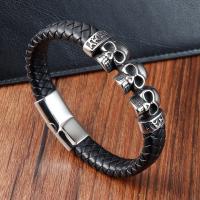 cuir PU bracelet, avec Acier inoxydable 304, crane, Placage ionique sous vide, pour homme, noire .2 pouce, Vendu par PC