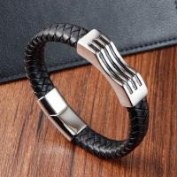 cuir PU bracelet, avec Acier inoxydable 304, Placage ionique sous vide, pour homme, noire .2 pouce, Vendu par PC